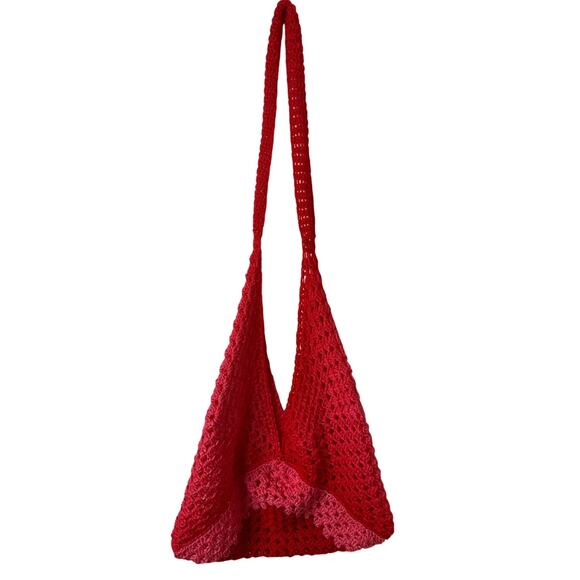 Handmade Crochet Pink Red Slouchy Oversized Crossbody Bag Purse Tote Beach Y2K - Picture 2 of 8
